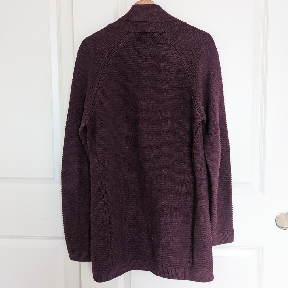 LL Bean Shawl Collar Cardigan Sweater Woman L Purple Ribbed Knit Open Front Long - Picture 2 of 5